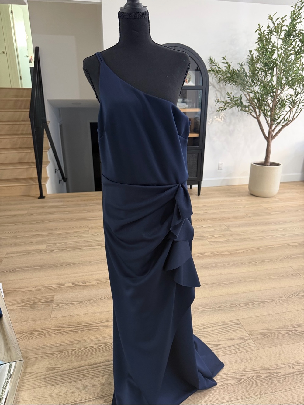 Xscape Navy One-Shoulder Ruffle Gown